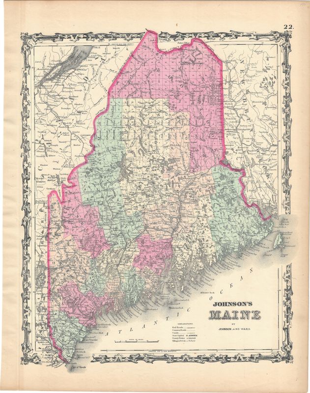 1862 Map of Maine by Johnson &amp; Ward
