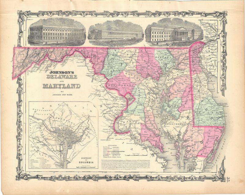 1862 Map of Delaware and Maryland by Johnson &amp; Ward