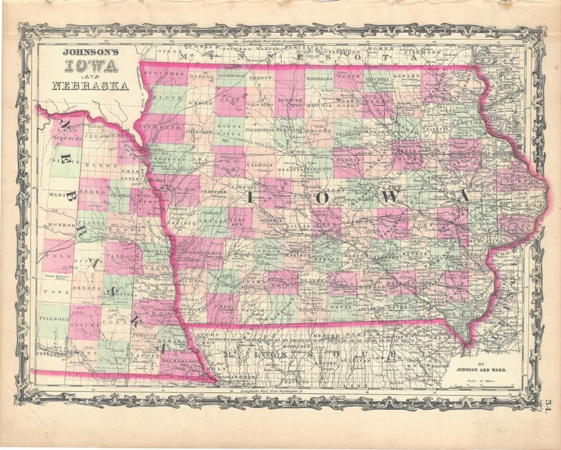 1862 Map of Iowa and Nebraska by Johnson &amp; Ward