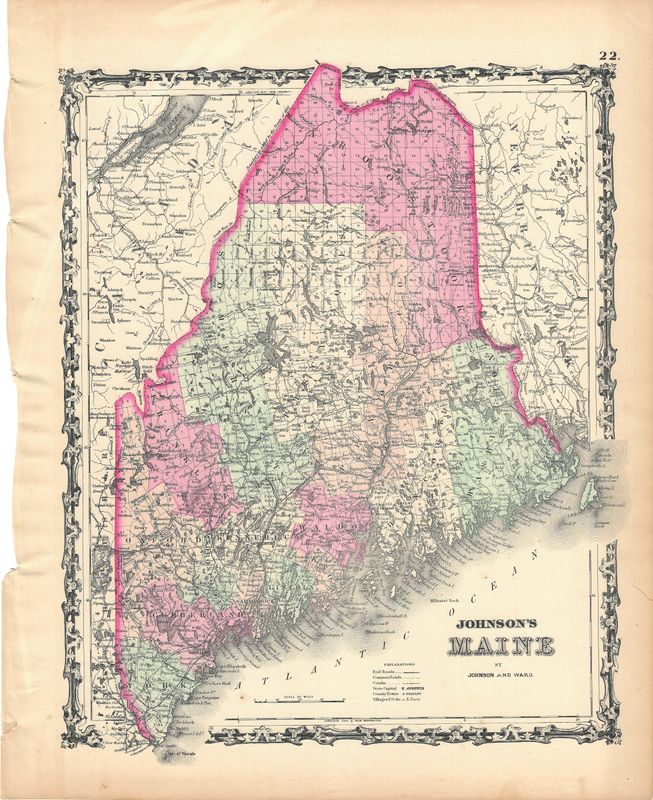1862 Map of Maine by Johnson &amp; Ward (rough edge)