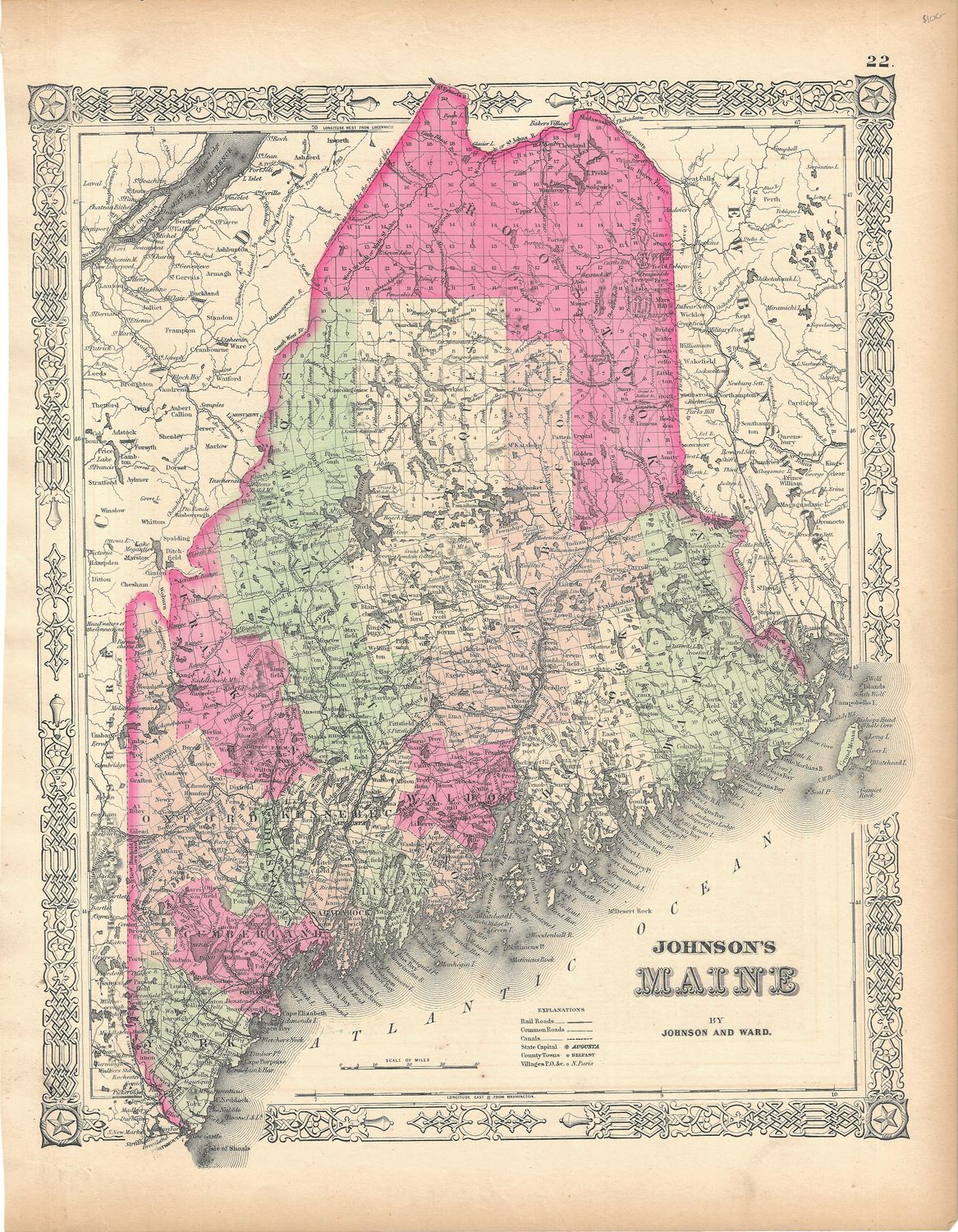 1863 Map of Maine by Johnson &amp; Ward