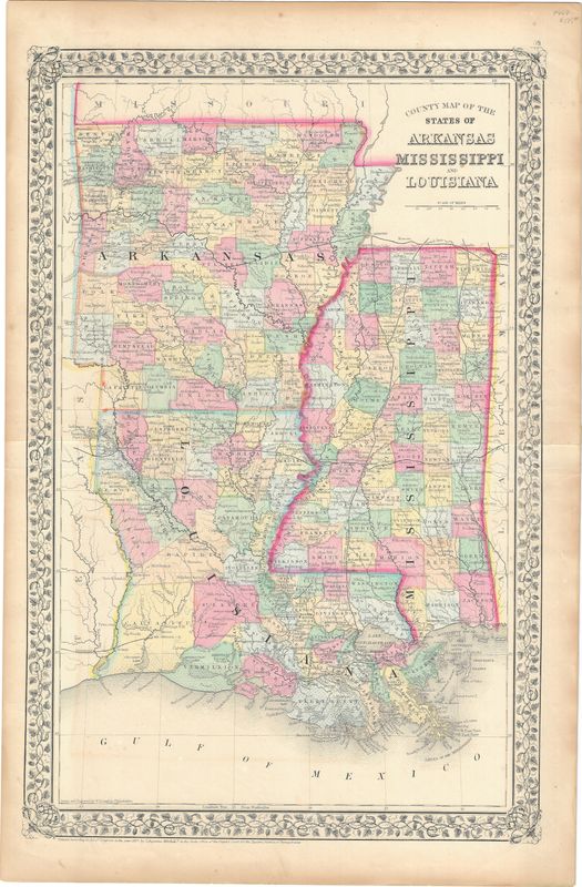 1867 Map of Louisiana, Mississippi, Arkansas by S. Augustus Mitchell
