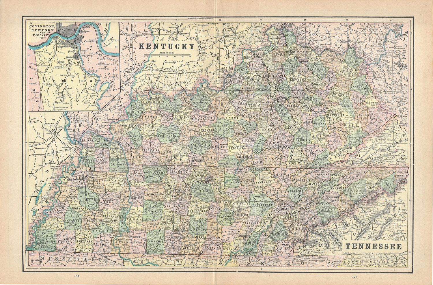 1887 Map of Kentucky and Tennessee by Geo Cram
