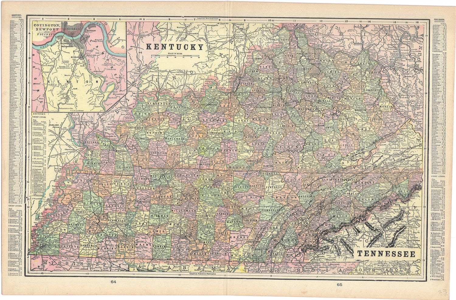 1892 Map of Kentucky &amp; Tennessee by Geo. Cram