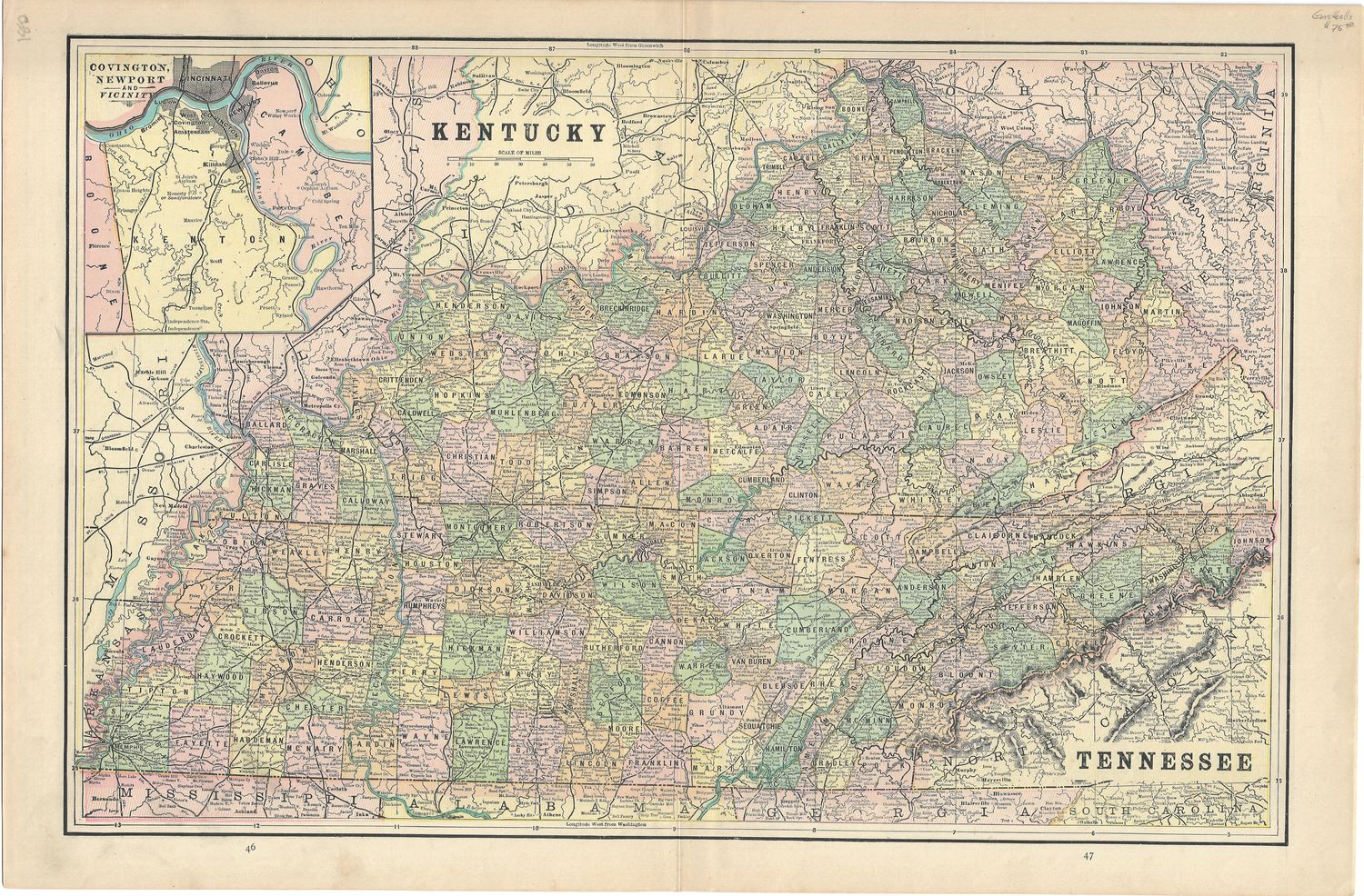 1892 Map of Kentucky &amp; Tennessee by Gaskell's