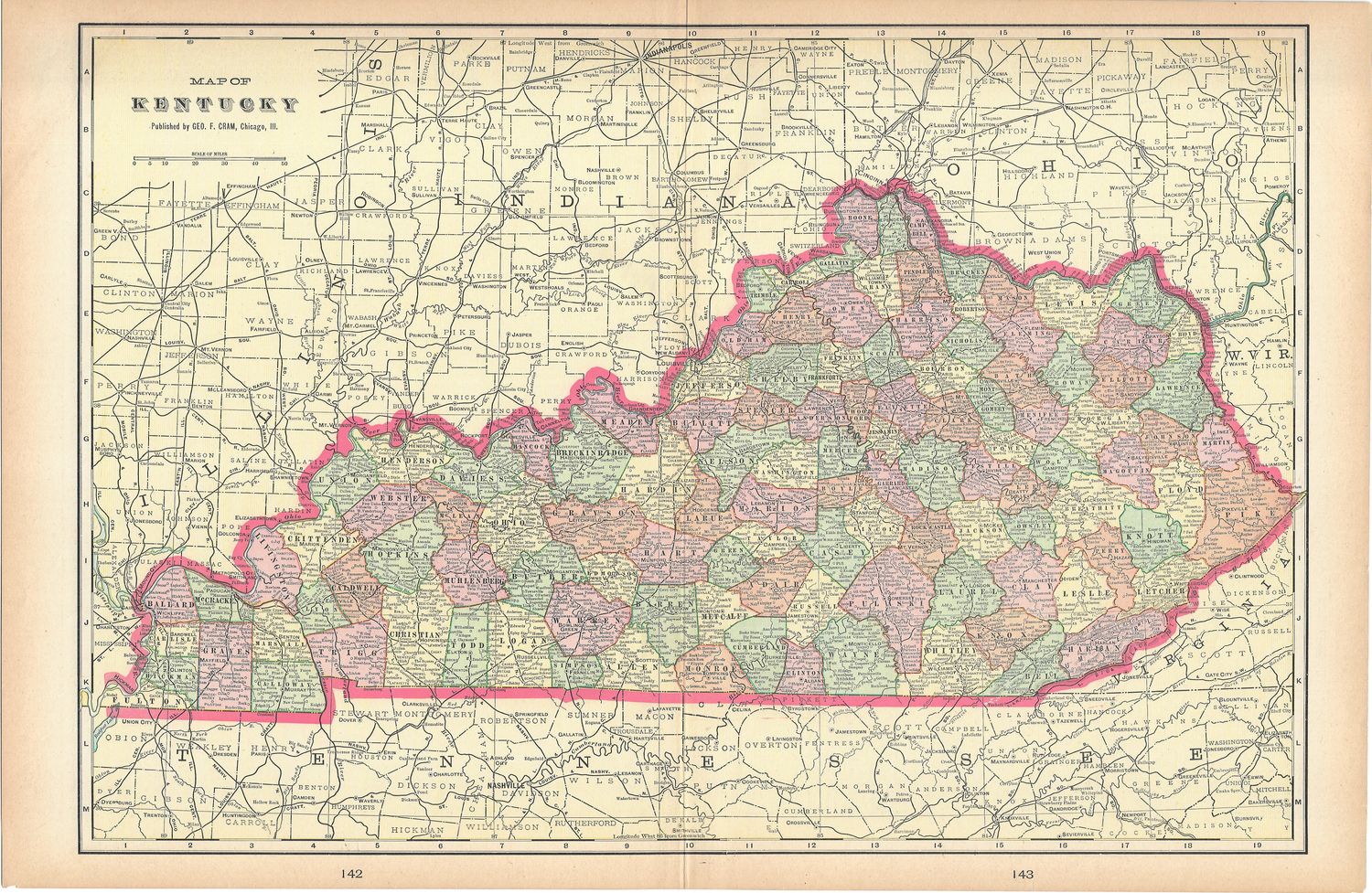 1908 Map of Kentucky by Geo. Cram