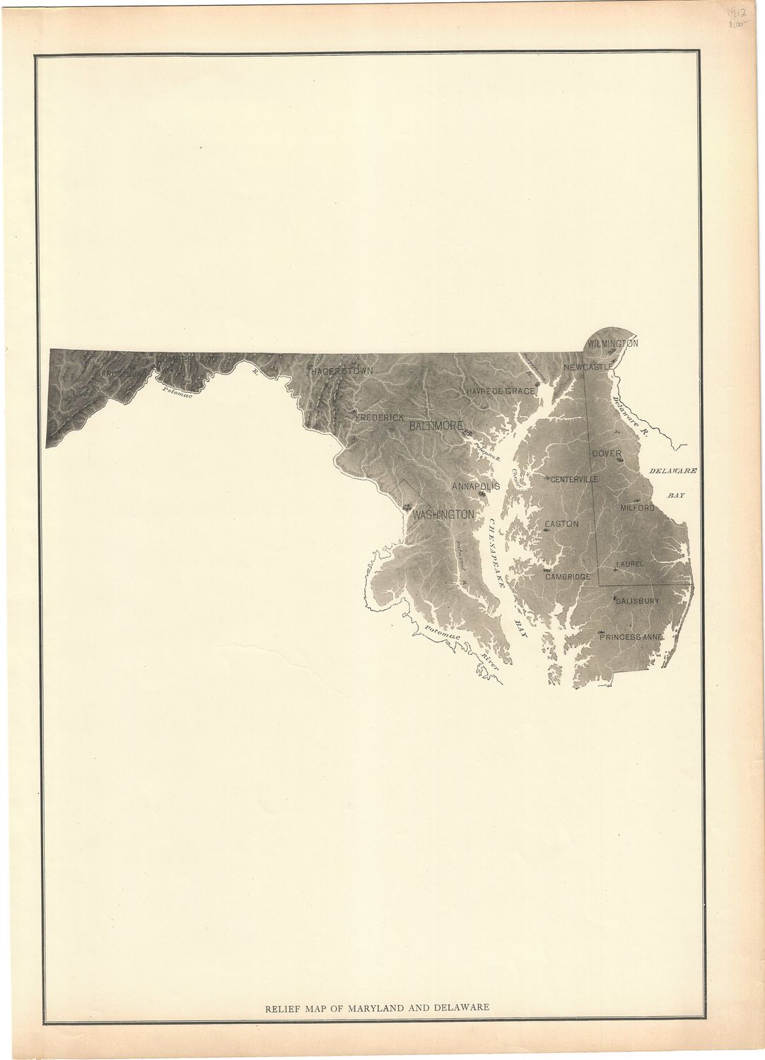 1912 Relief Map of Maryland &amp; Delaware by Rand Mcnally
