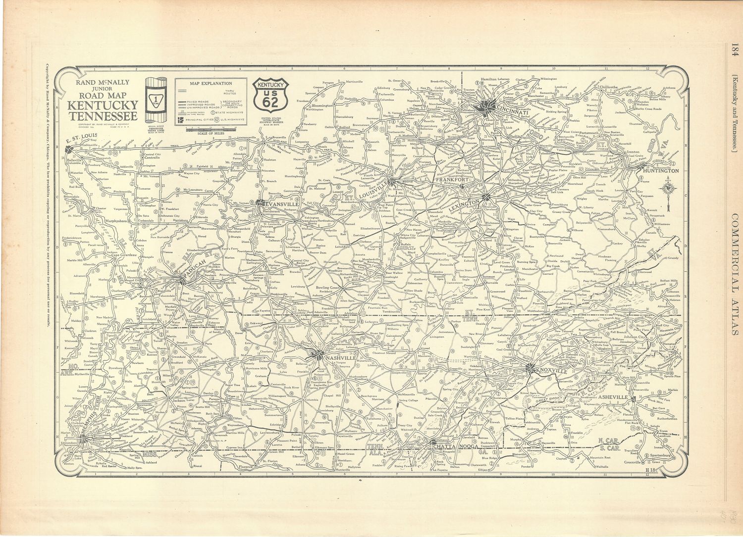 1930 Rand McNally Road and Mileage Map of Kentucky &amp; Tennessee