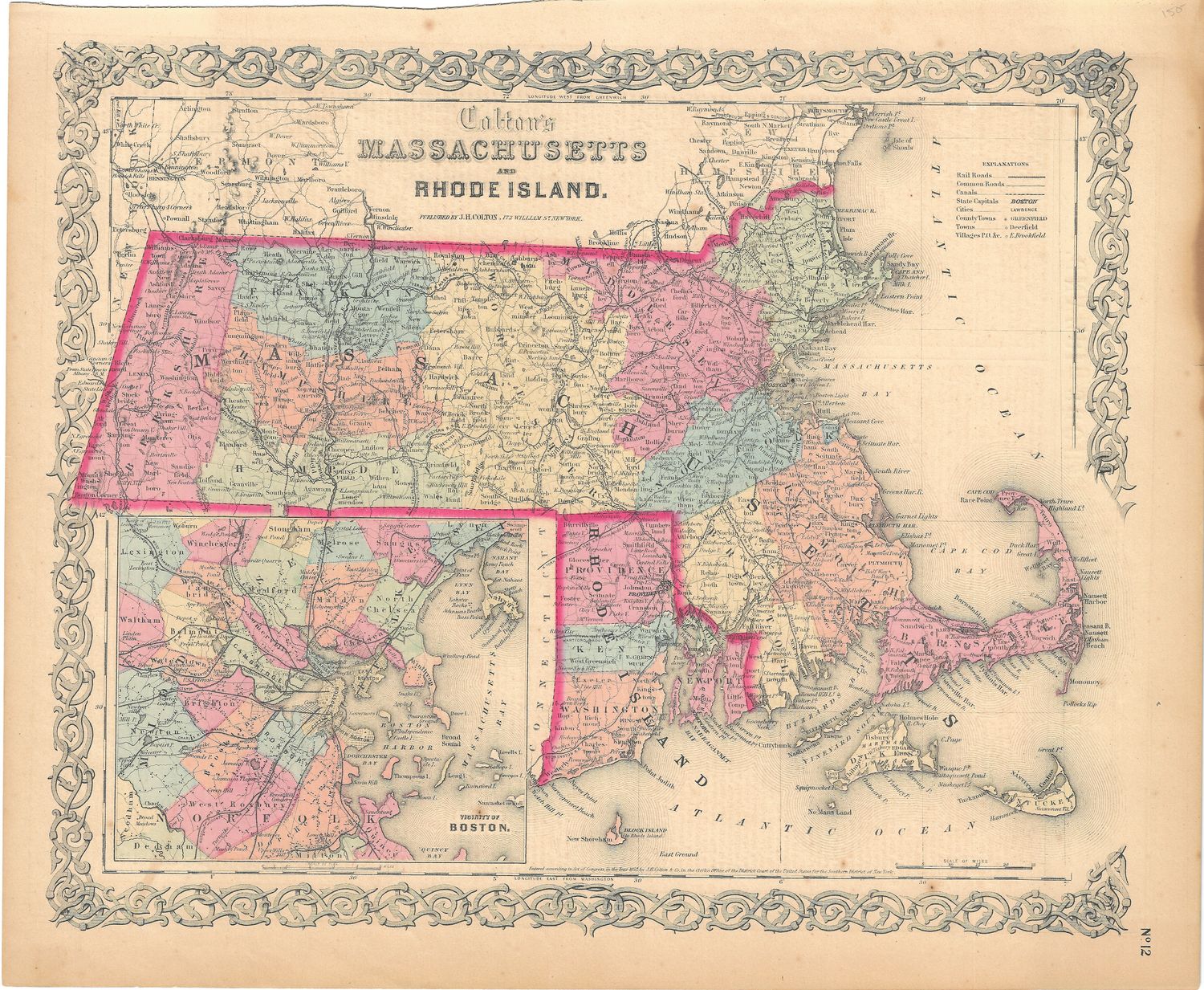 1855 Map of Massachusetts &amp; Rhode Island by JH Colton