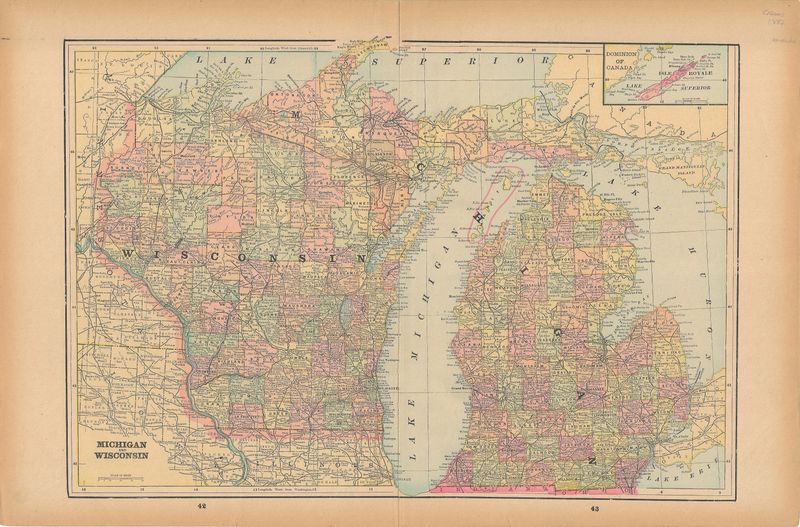 1887 Map of Michigan &amp; Wisconsin by George Cram