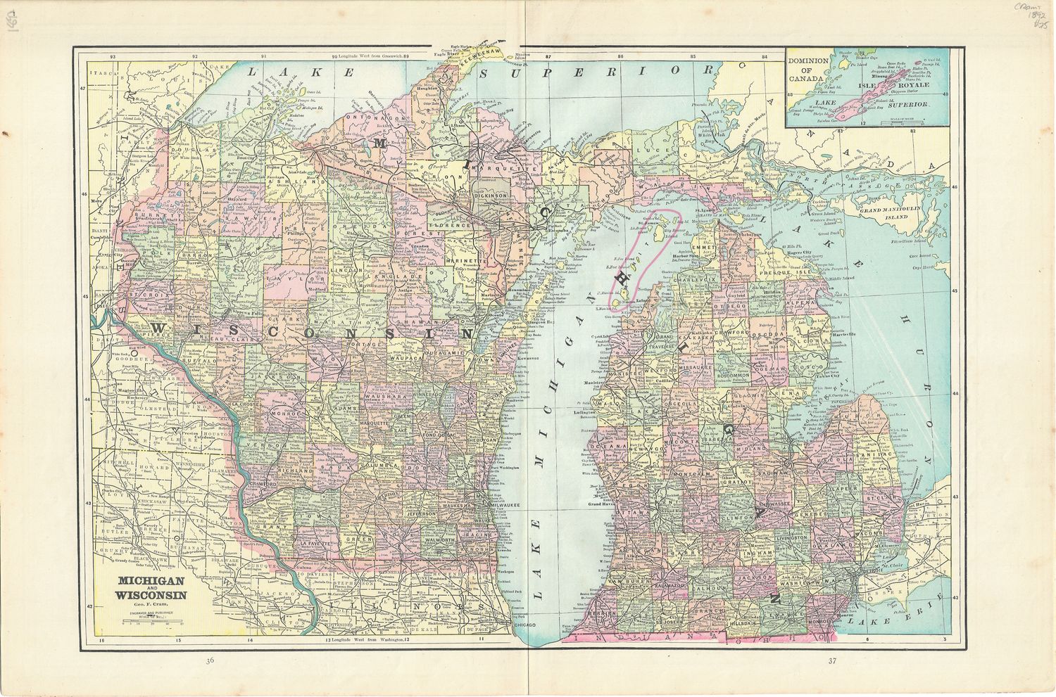 1892 Map of Michigan &amp; Wisconsin by Geo. Cram