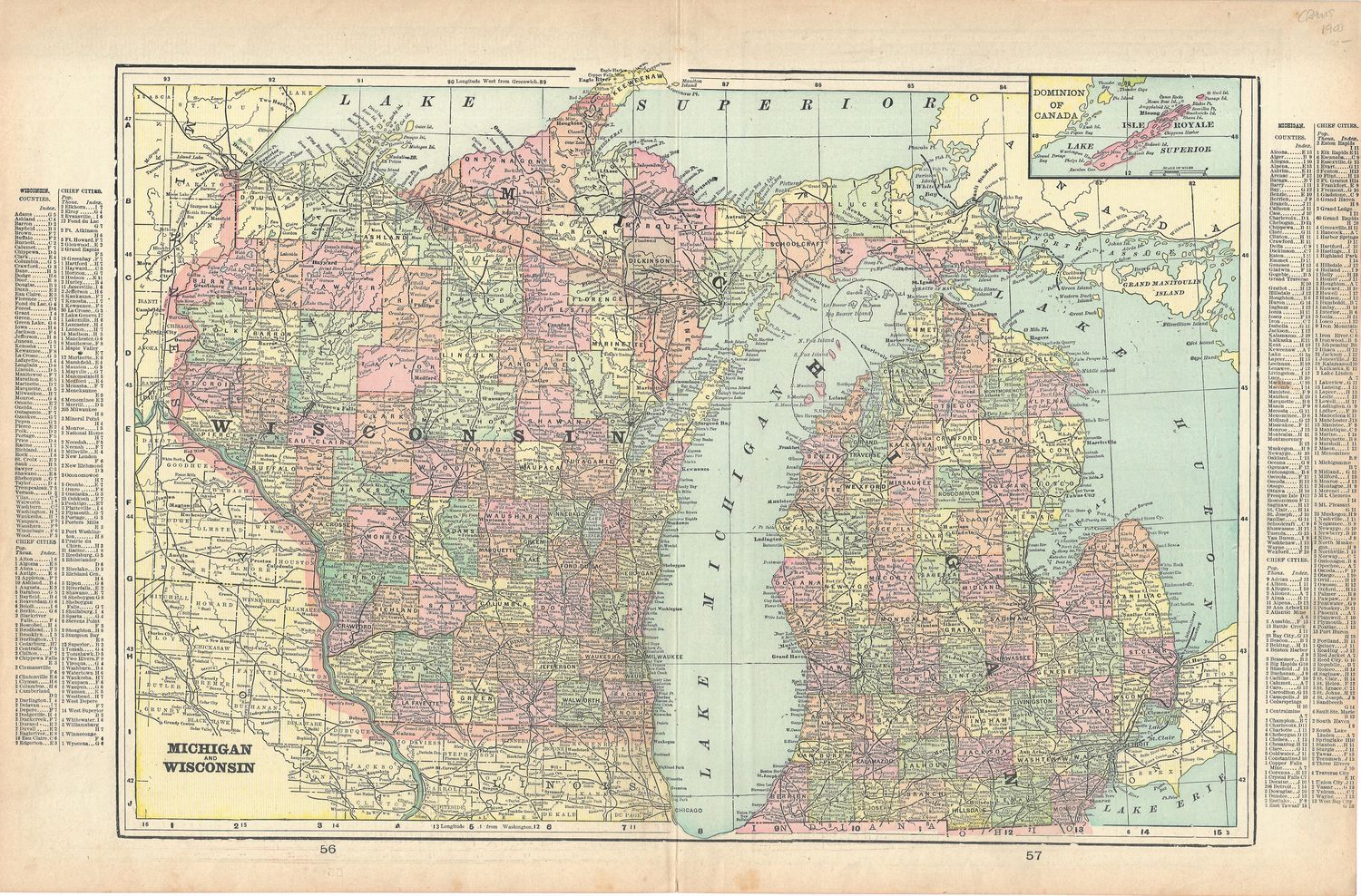 1900 Map of Michigan &amp; Wisconsin w/ Index by Geo. Cram