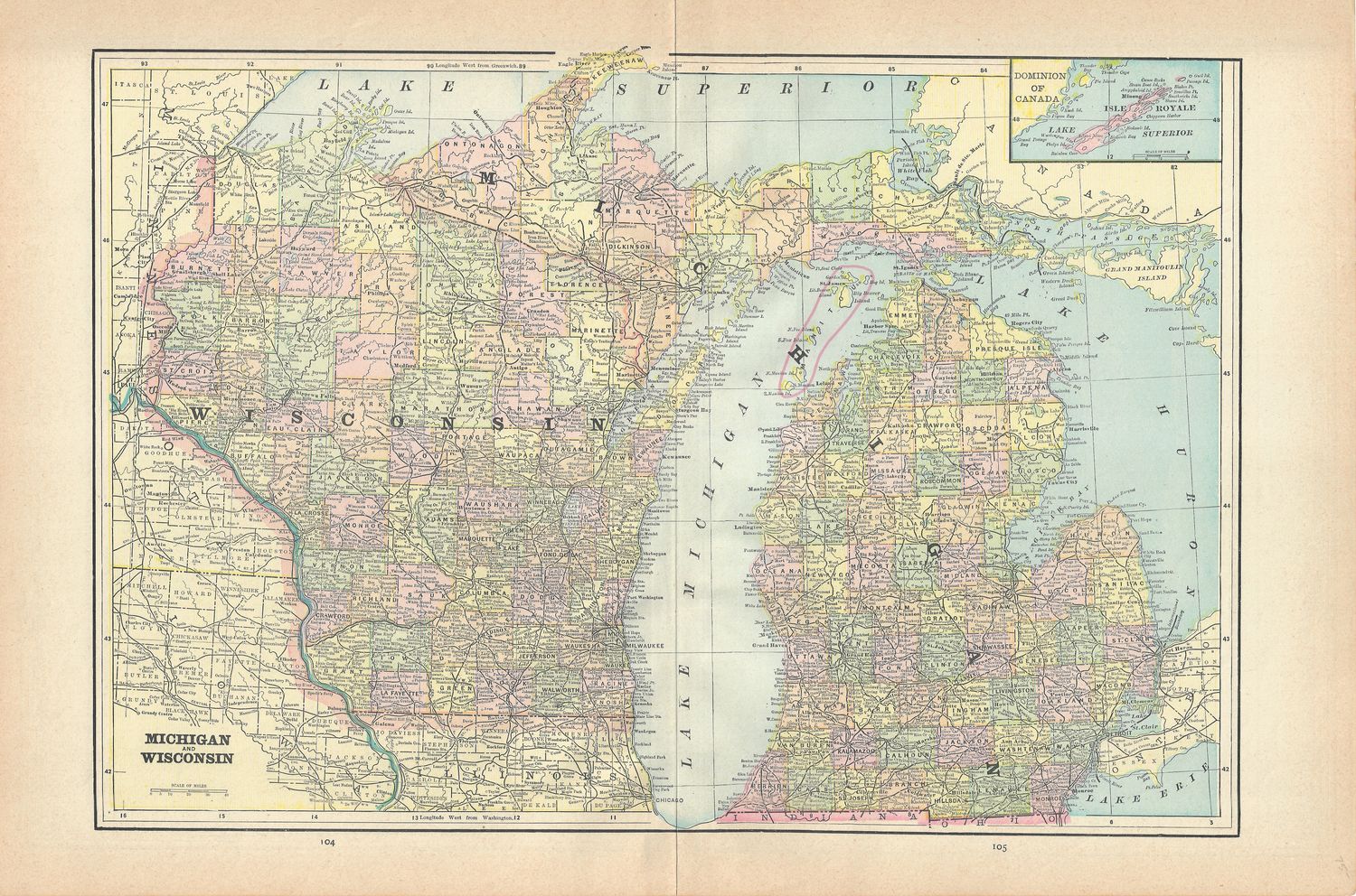 1900 Map of Michigan &amp; Wisconsin w/o Index by Geo. Cram