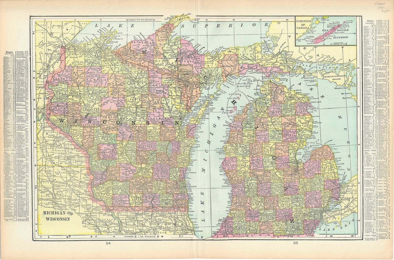 1901 Map of Michigan &amp; Wisconsin by Geo. Cram w/ Index