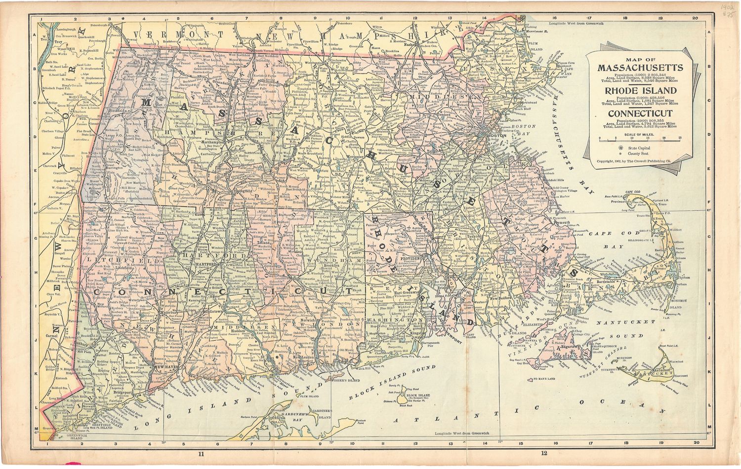 1902 Map of Massachusetts, Rhode Island &amp; Connecticut by Crowell's