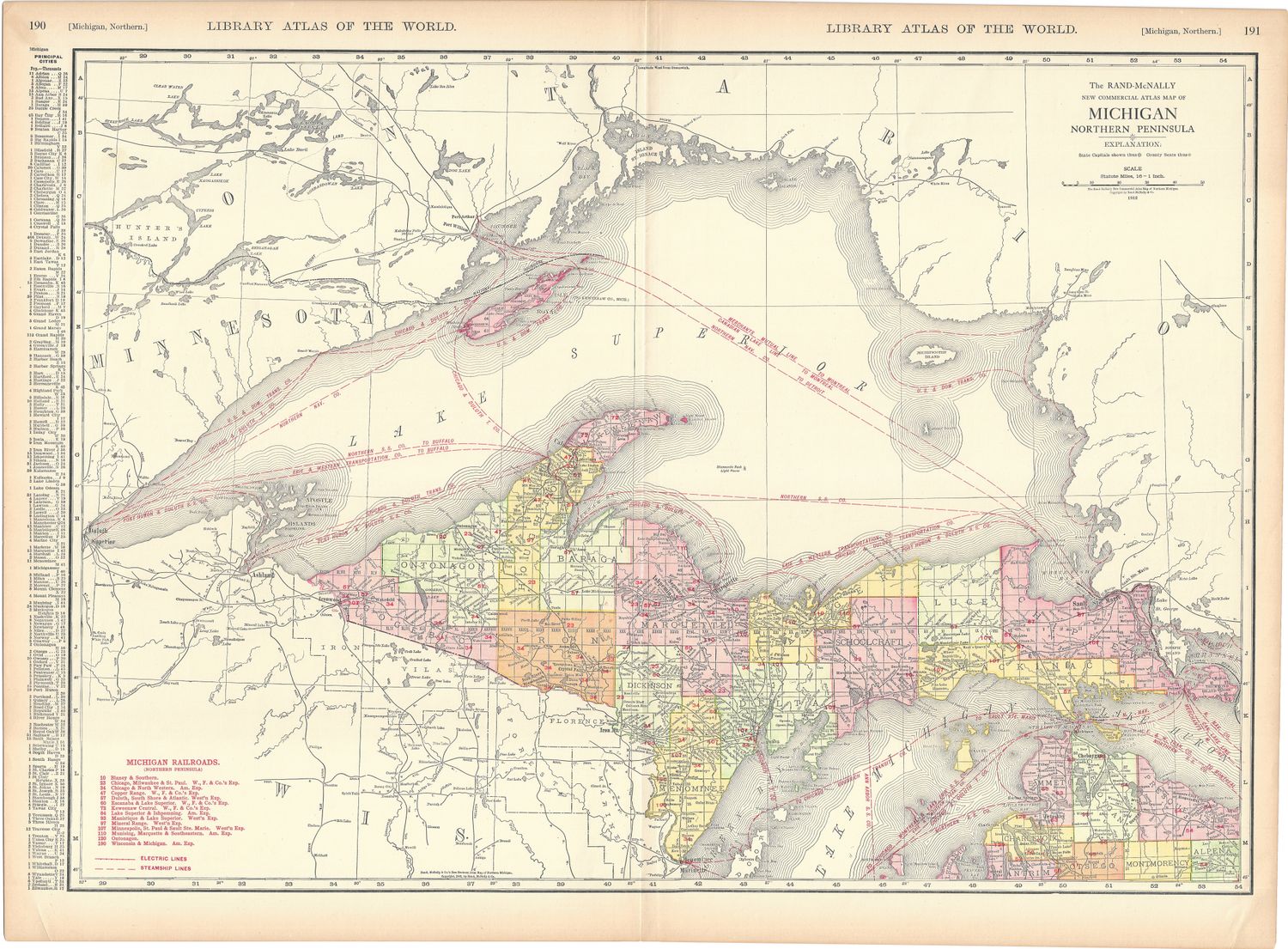 1912 Railroad Map of Michigan (Northern) by Rand McNally