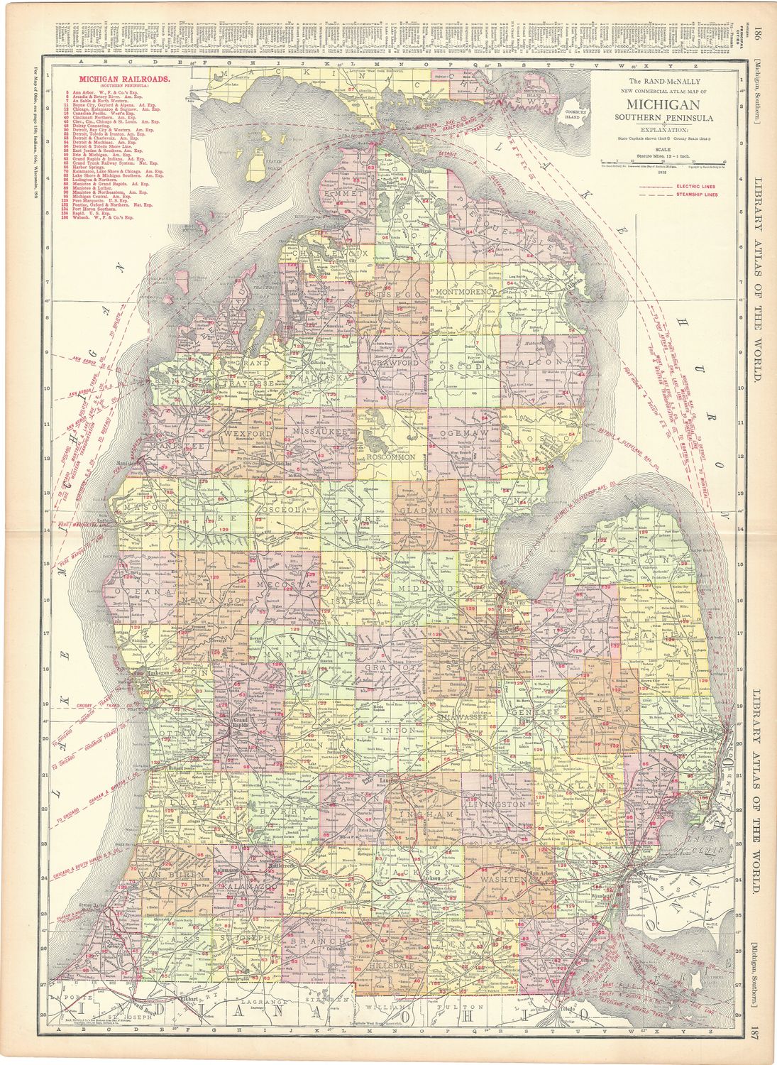 1912 Railroad Map of Michigan (Southern) by Rand McNally