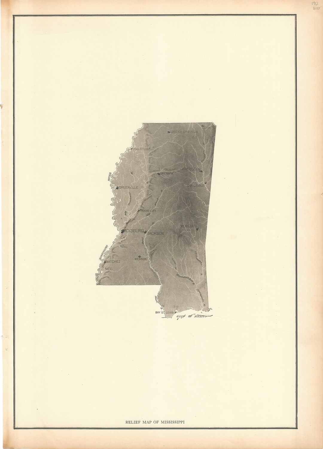 1912 Relief Map of Mississippi by Rand McNally