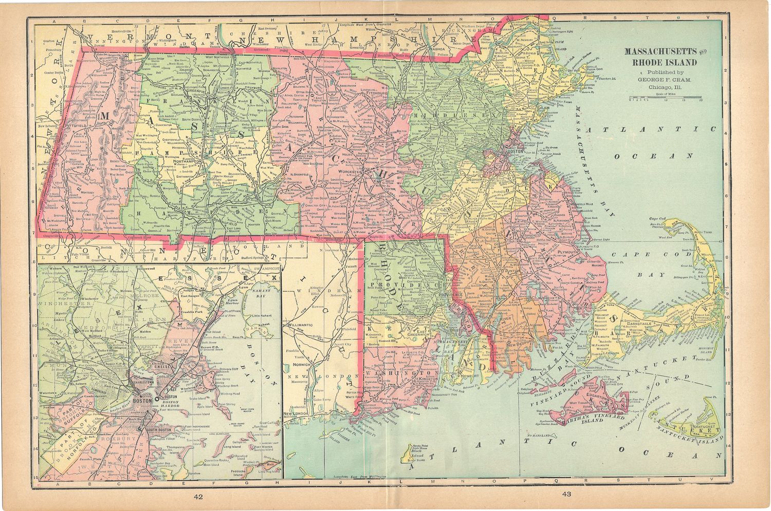 1901 Map of Massachusetts &amp; Rhode Island by George Cram