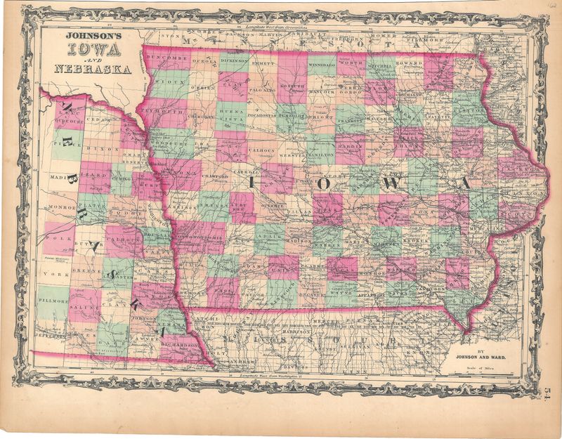 1862 Map of Iowa &amp; Nebraska By Johnson &amp; Ward 