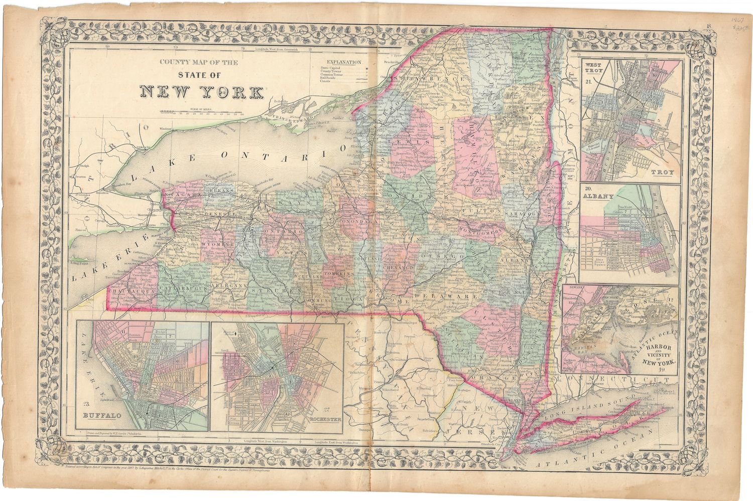 1867 Map of New York by S. Augustus Mitchell