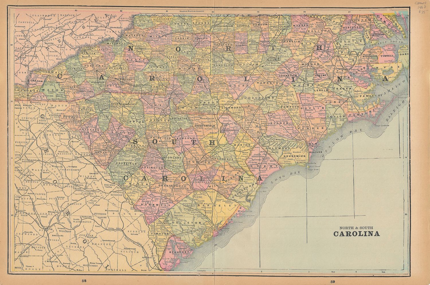 1887 Map of North &amp; South Carolina by George Cram