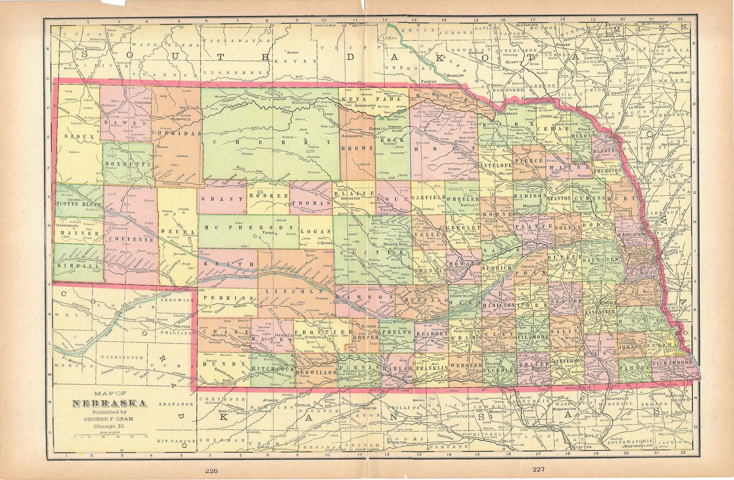 1908 Map of Nebraska by George Cram