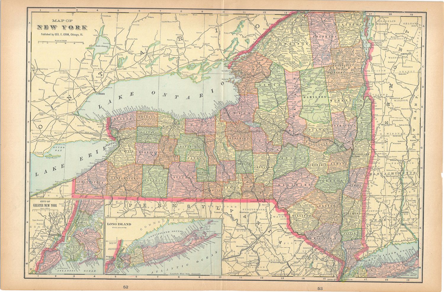 1908 (1901) Map of  New York by George Cram