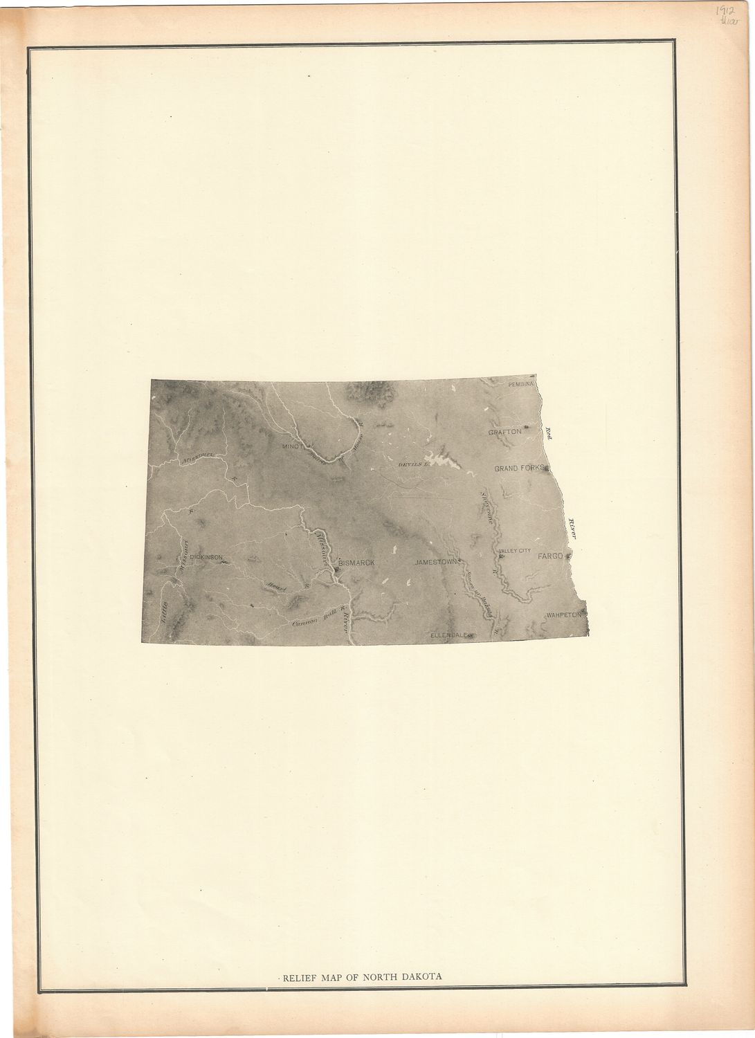 1912 Relief Map of North Dakota by Rand McNally