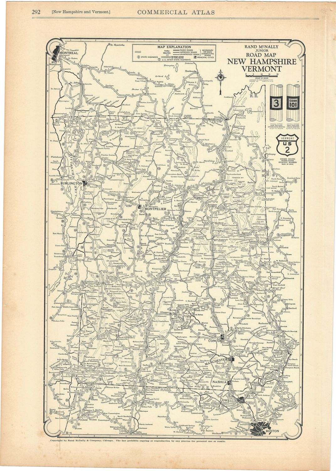 1924 Rand McNally Road &amp; Mileage Map of Vermont and New Hampshire