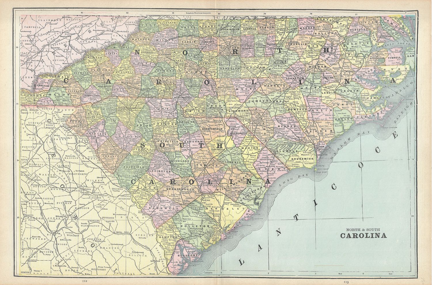 1900 Map of North and South Carolina by George Cram