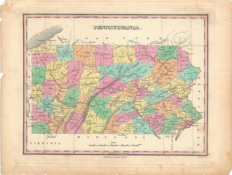1827 Map of Pennsylvania by A. Finley