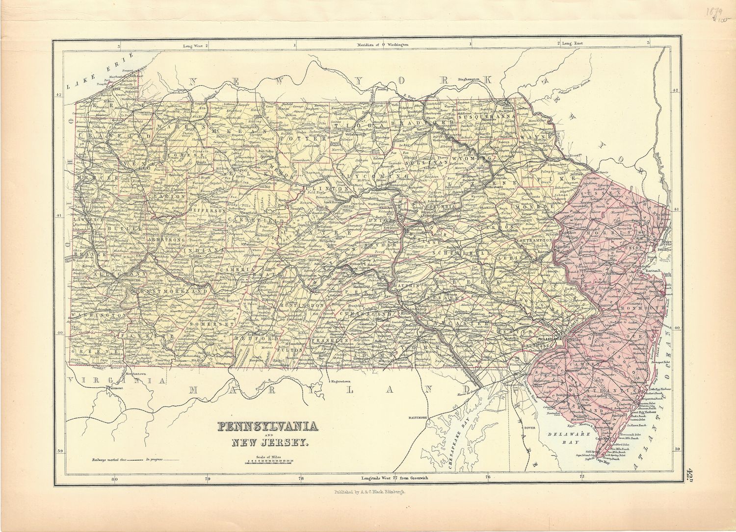1879 Map of Pennsylvania and New jersey by A &amp; C Black
