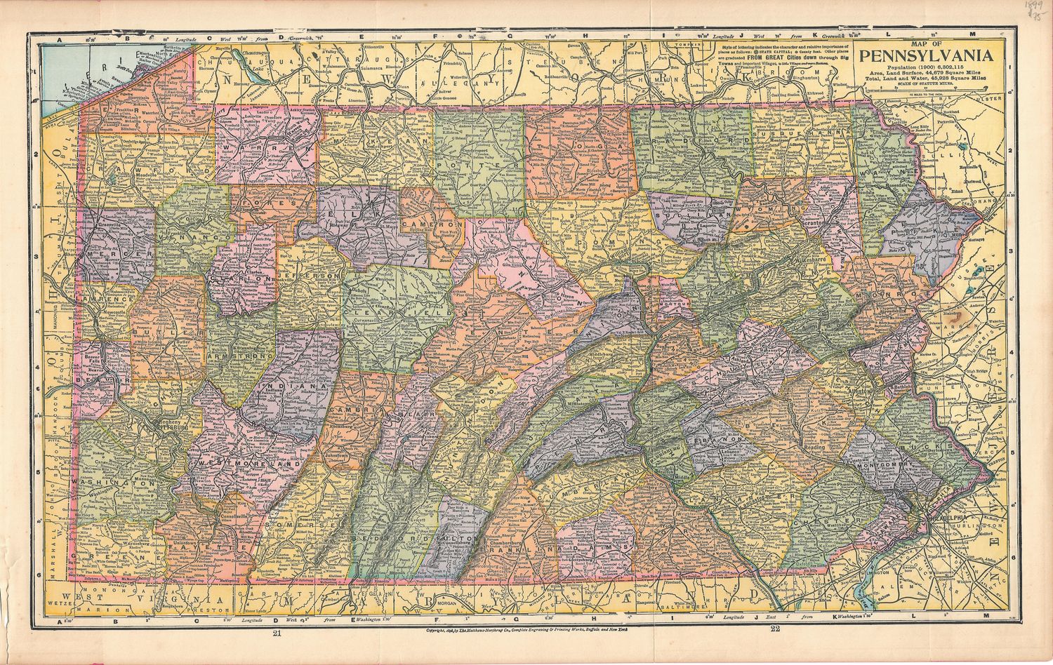 1899 Map of Pennsylvania  ( Indiana on reverse ) by the Matthews-Northrup Co.