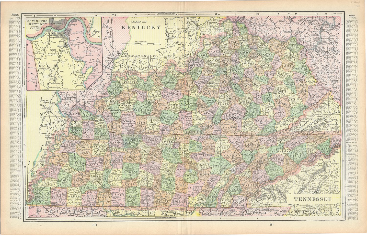 1901 Map of Tennessee &amp; Kentucky by George Cram