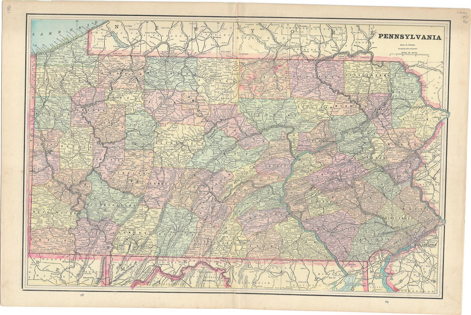 1892 Map of Pennsylvania by George Cram