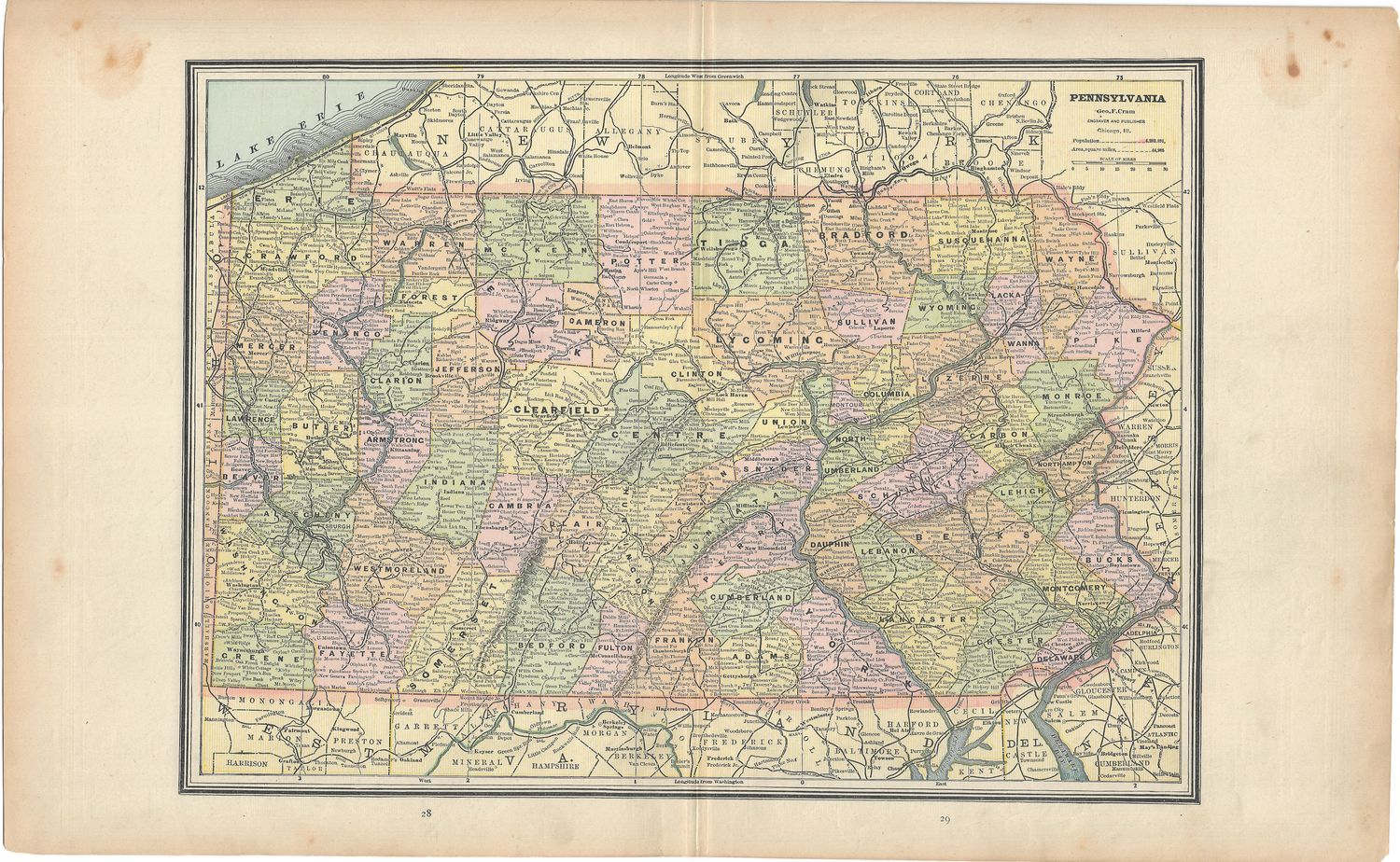 1901 Map of Pennsylvania by George Cram