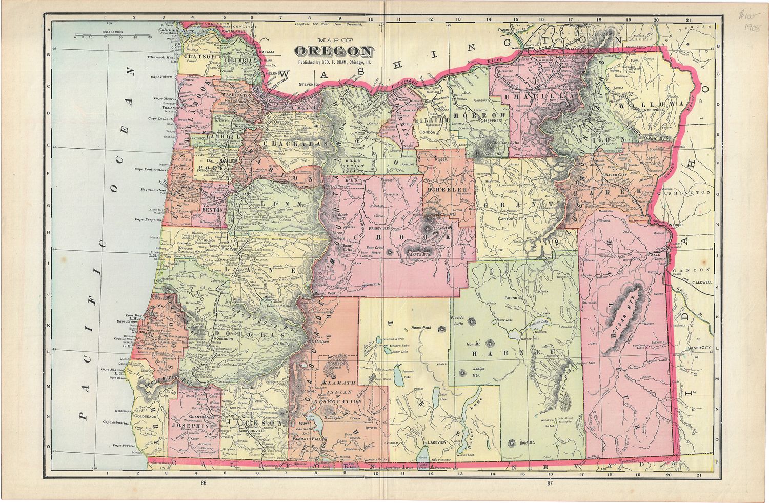 1908 Map of Oregon by George Cram