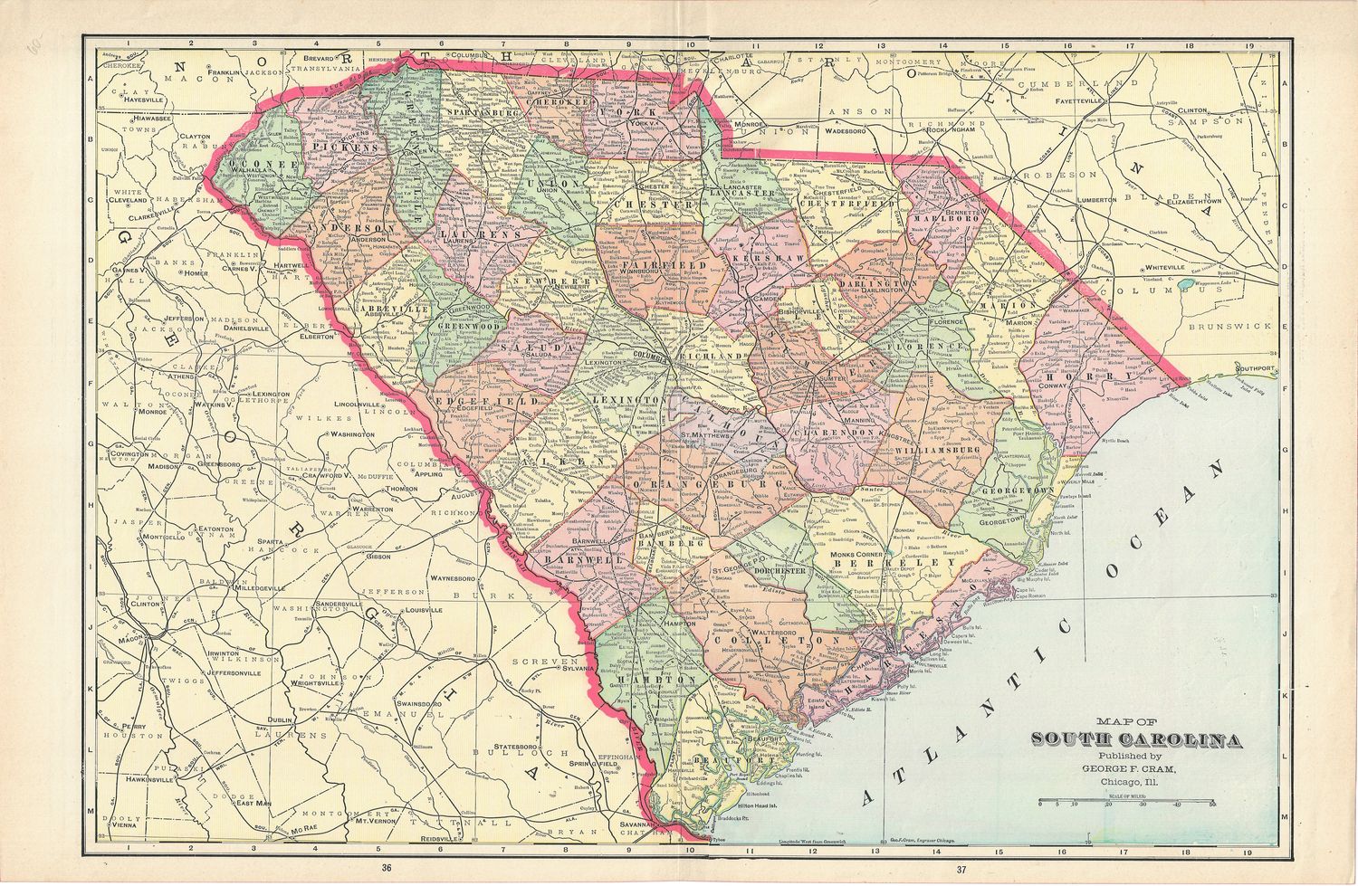 1908 Map of South Carolina by George Cram