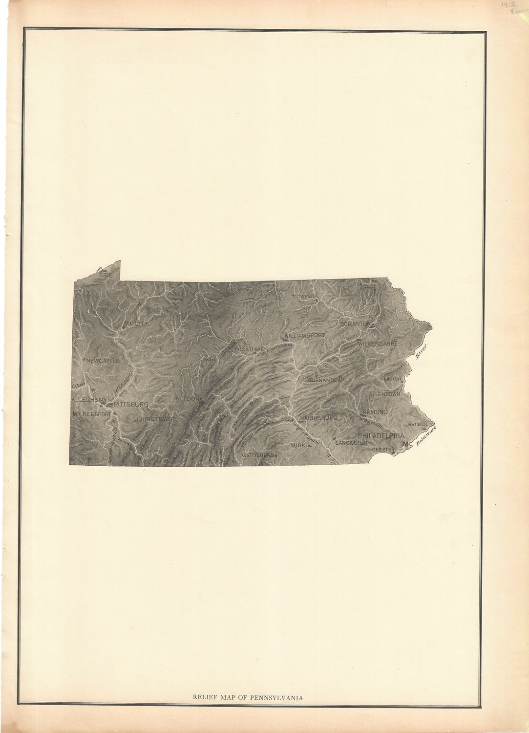 1912 Relief Map of Pennsylvania by Rand McNally