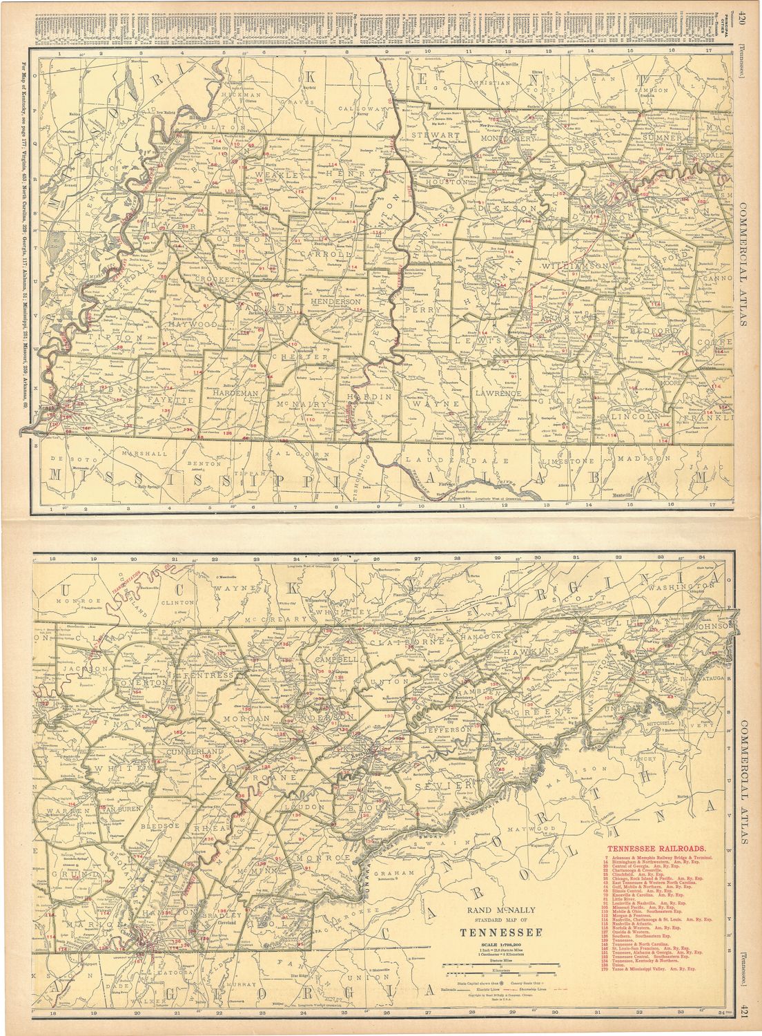1924 Railroad Map of Tennessee by Rand McNally