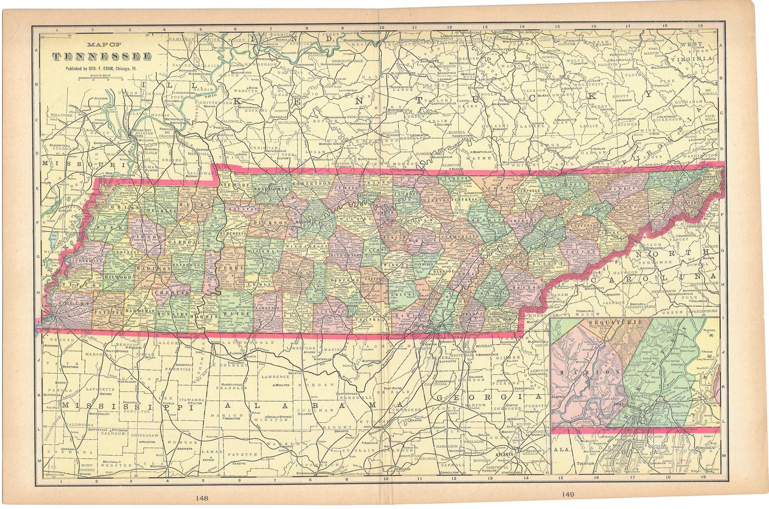 1908 Map of Tennessee by George Cram