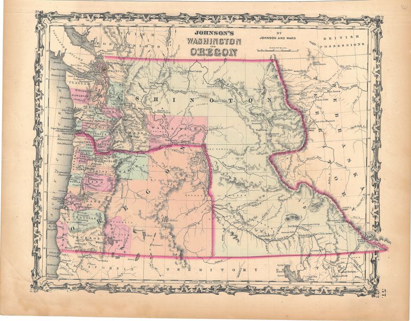 1862 Map of Washington and Oregon Territories by Johnson and Ward