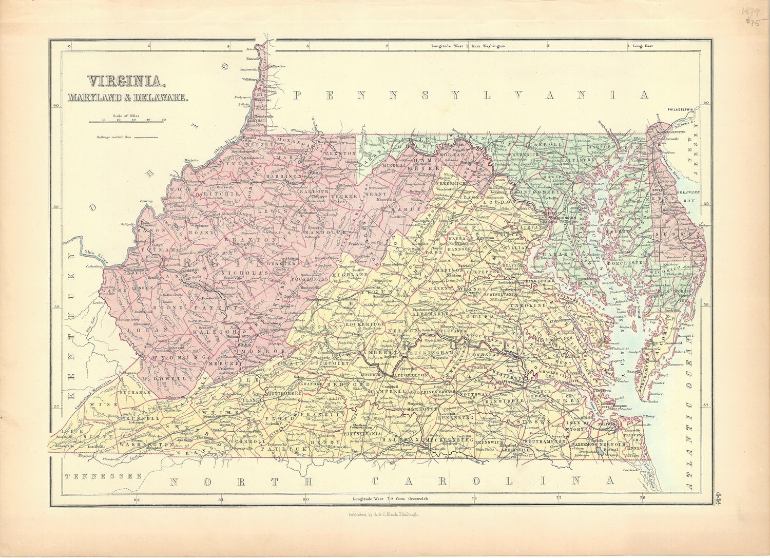1879 Map of Virginia, Maryland &amp; Delaware by A &amp; C Black