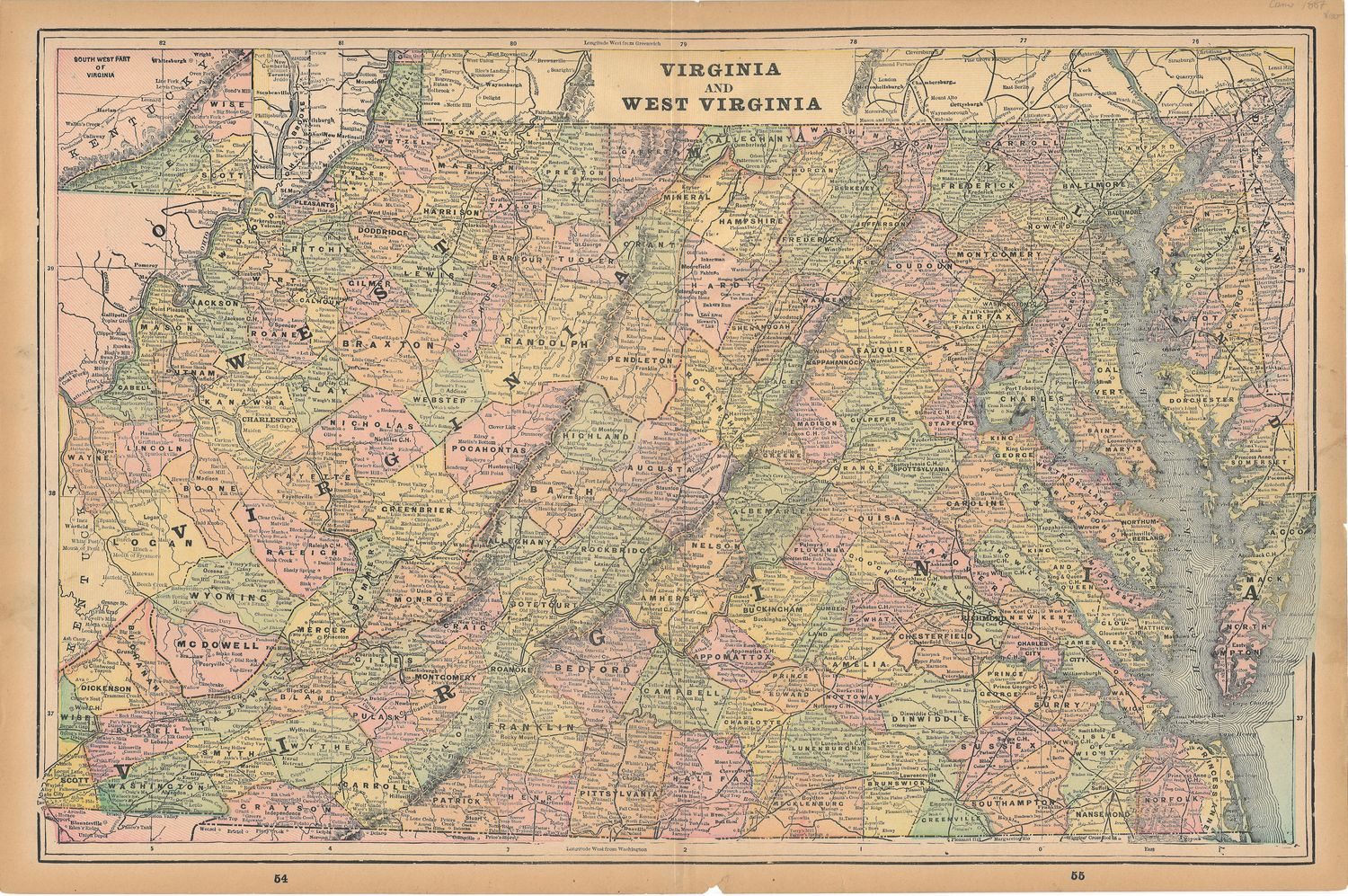 1887 Map of Viriginia &amp; West Virginia by George Cram
