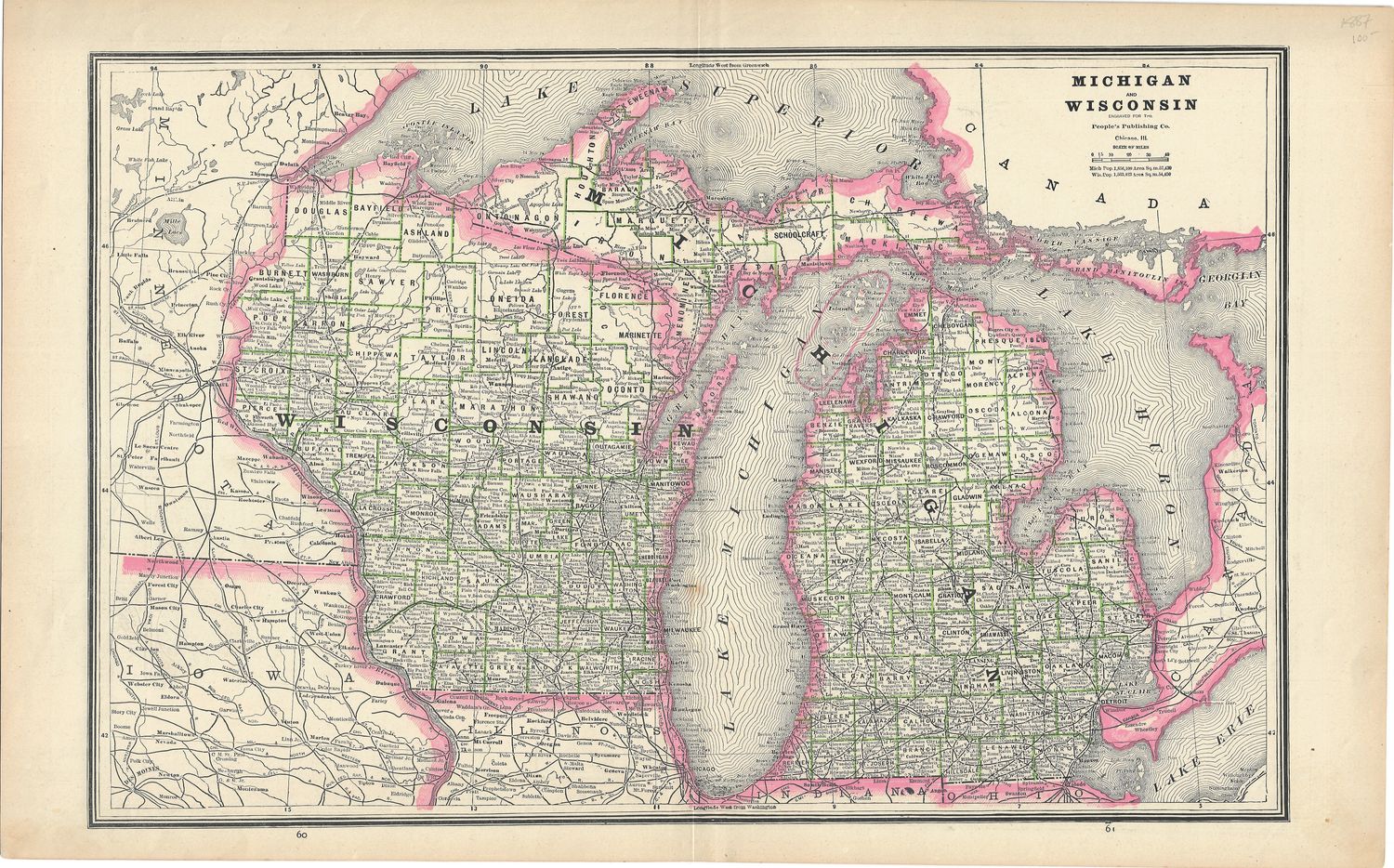 1887 Map of Michigan and Wisconsin by People&#39;s Publishing Company