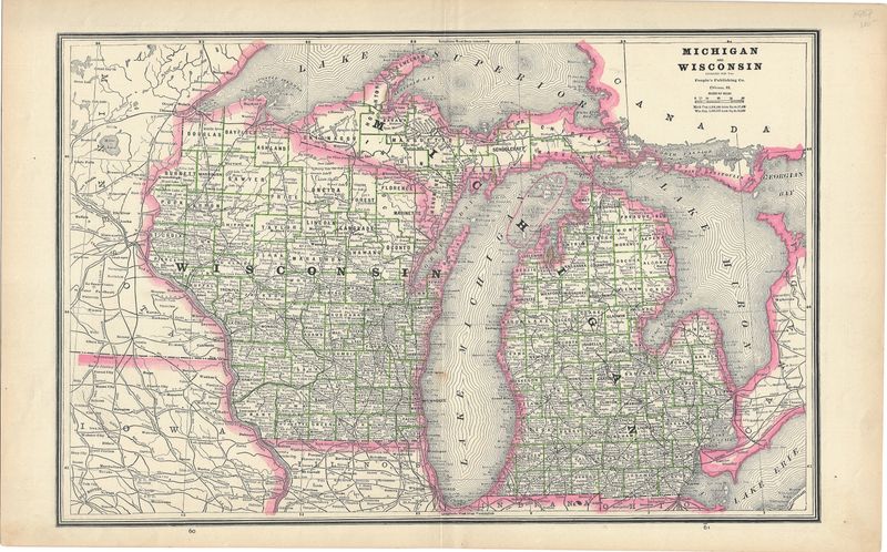 1887 Map of Michigan and Wisconsin by People's Publishing Company