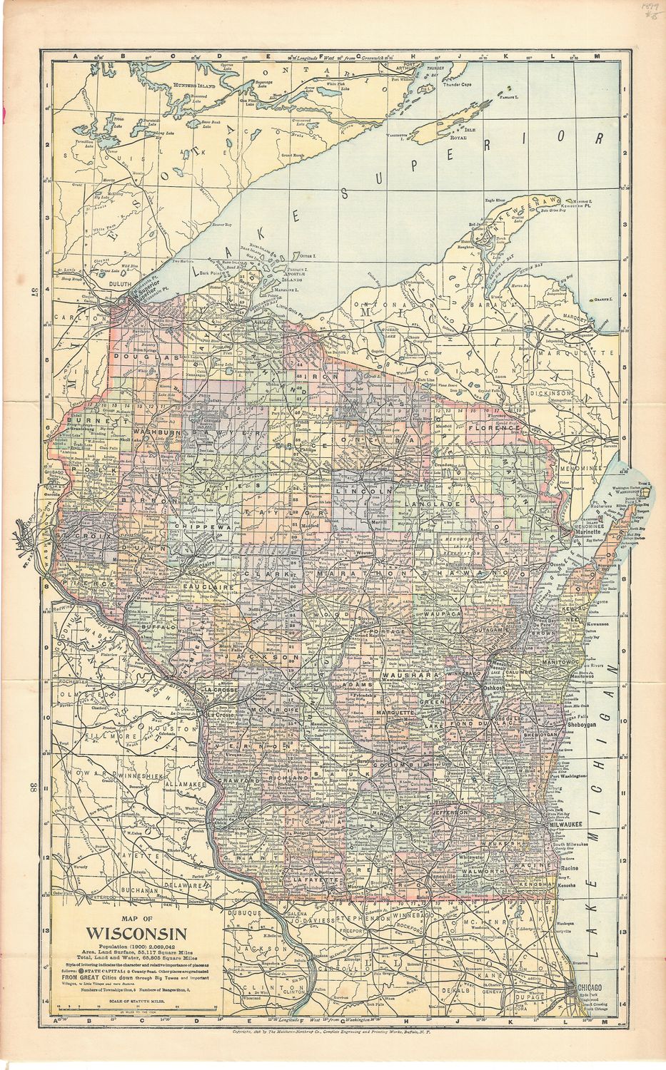 1899 Map of Wisconsin  w/ Illinois on reverse by the Matthews Northrup Co.