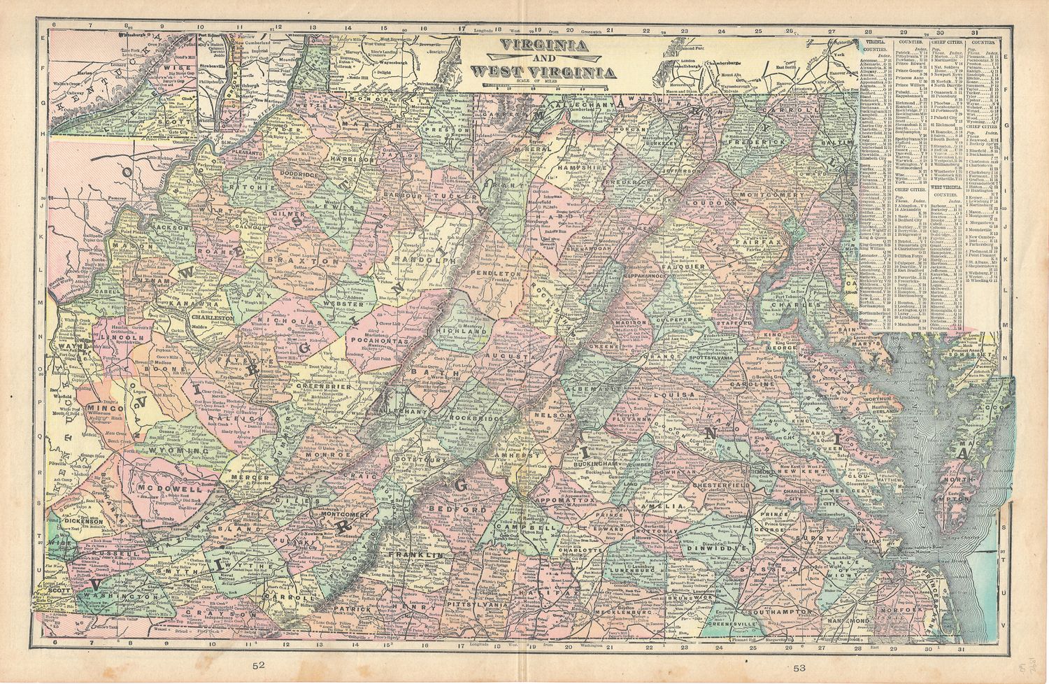 1892 Map of Virginia &amp; West Virginia by the Atlas Publishing Company