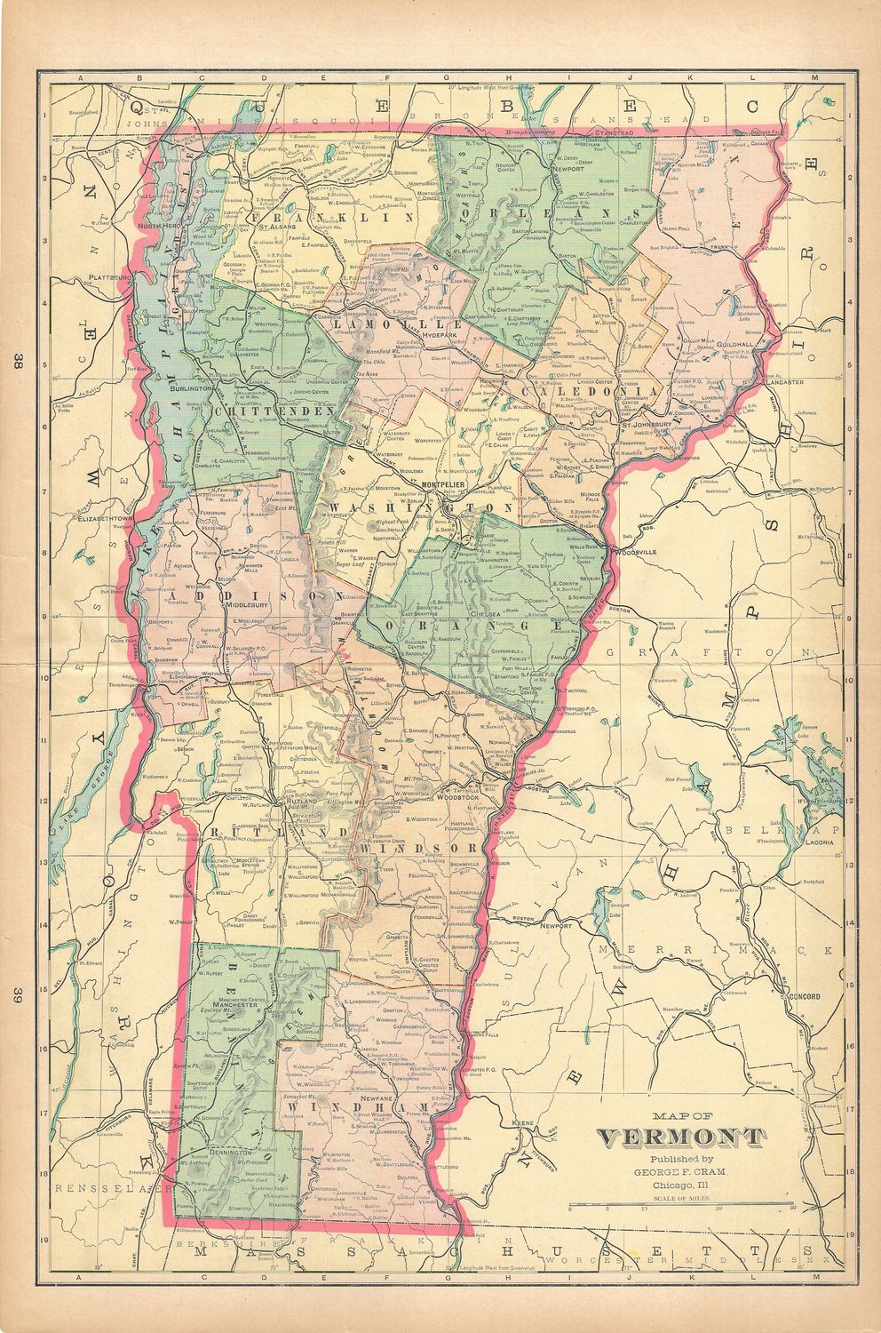 1901 Map of Vermont by George Cram